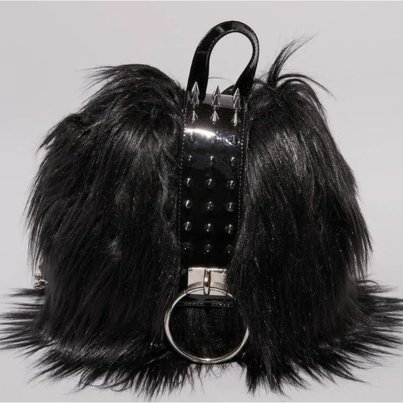 Dolls Kill Widow goth black fuzzy fur spiked studded o-ring chain backpack - Picture 5 of 6
